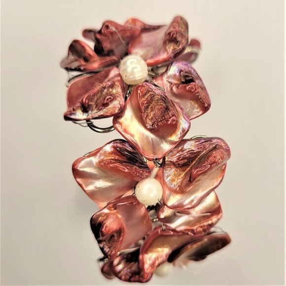 Wine Red Shell White Pearls Adjustable Cuff Bracelet Bangle - NEW - Picture 7 of 16